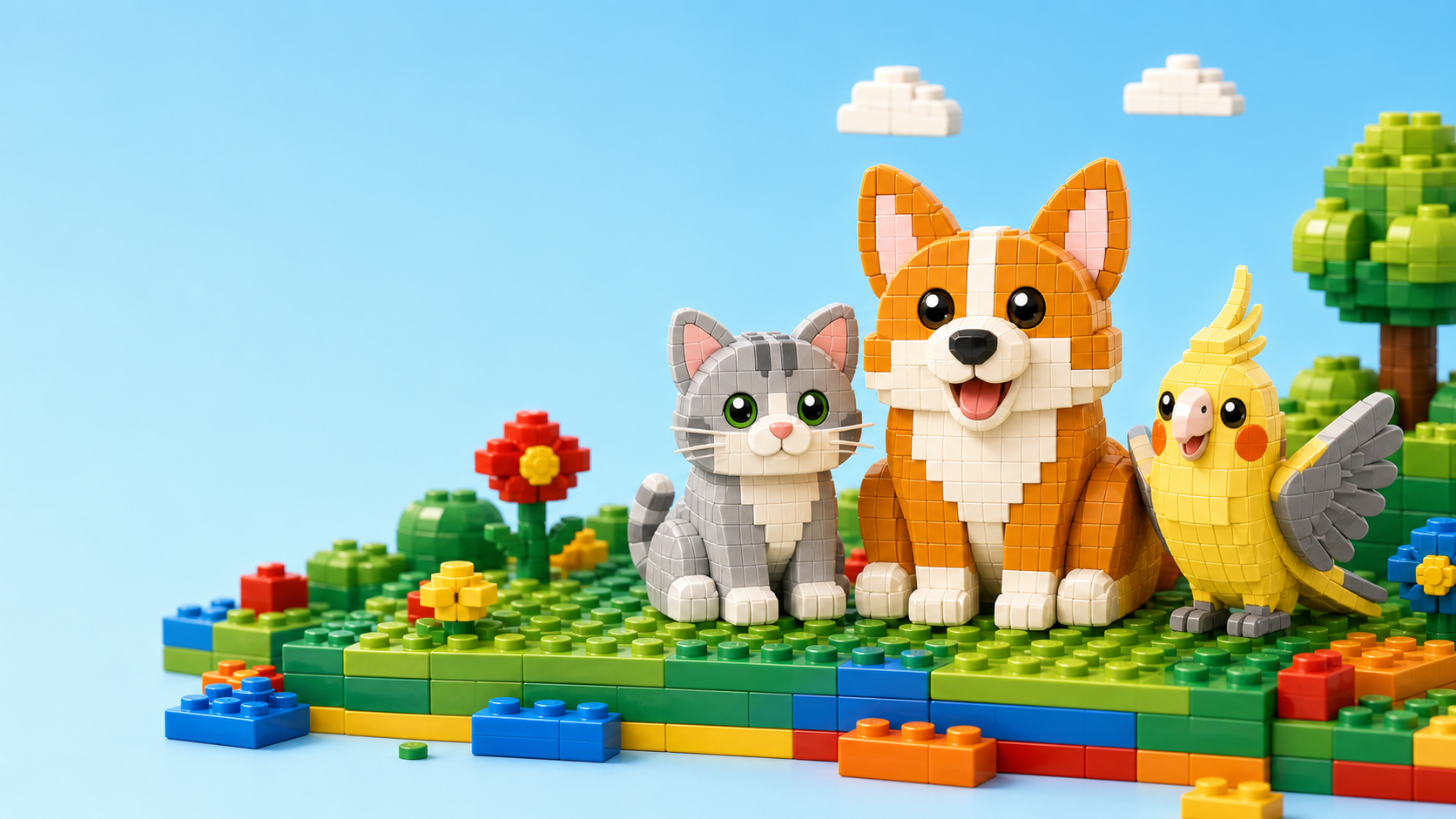 Brick-built Find Best Toys corgi, cat and cockatiel on a colorful play platform