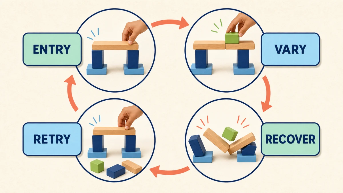 Entry–Variation–Recovery decision framework for educational toys for 4-year-olds, covering play entry, verified checks, household fit and review