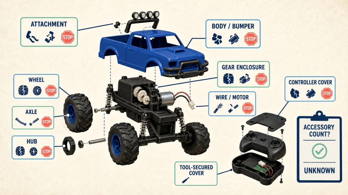 Scheda di ispezione e cura per monster truck giocattolo, con parti, superfici, energia, pulizia e ritiro