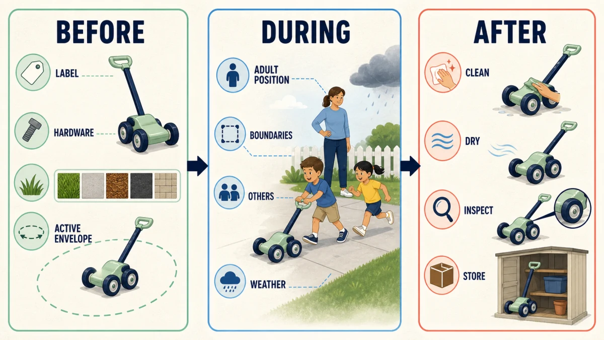 Scheda di ispezione e cura per giocattoli da esterno per bambini piccoli, con parti, superfici, energia, pulizia e ritiro