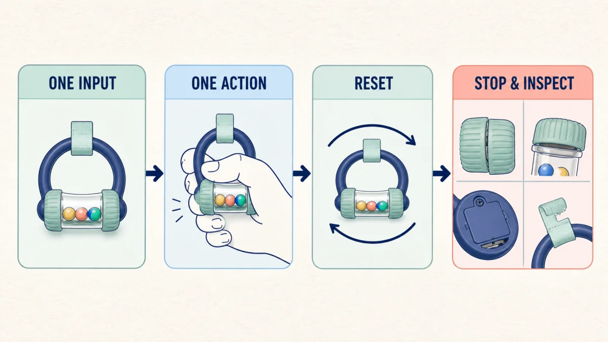 Metodo Uno stimolo–un’azione per giocattoli sensoriali per neonati, con ingresso nel gioco, controlli, vita quotidiana e revisione